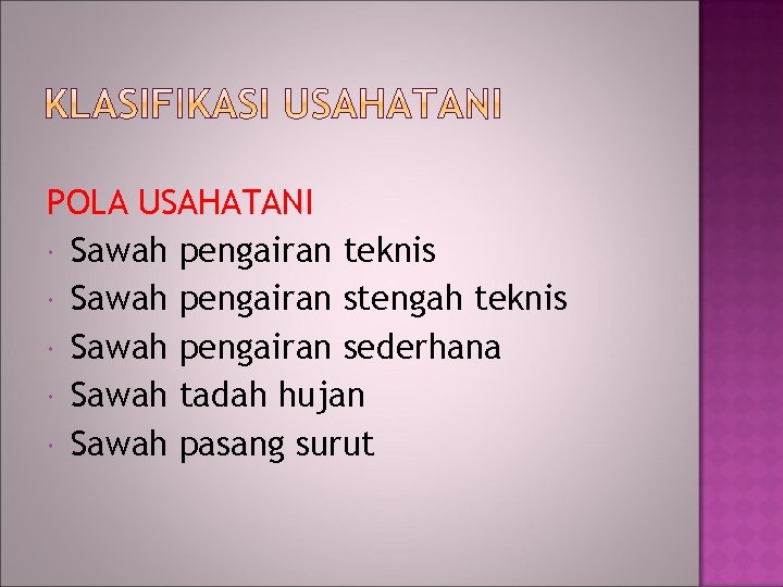 POLA USAHATANI Sawah pengairan teknis Sawah pengairan stengah teknis Sawah pengairan sederhana Sawah tadah