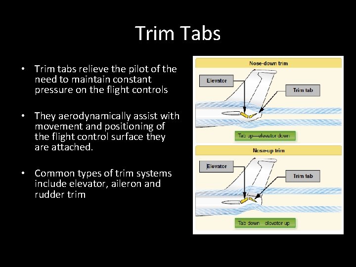 Trim Tabs • Trim tabs relieve the pilot of the need to maintain constant