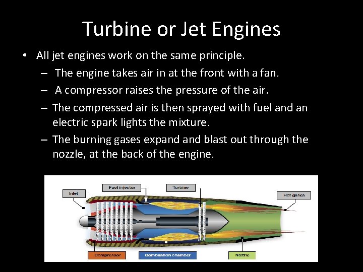 Turbine or Jet Engines • All jet engines work on the same principle. –