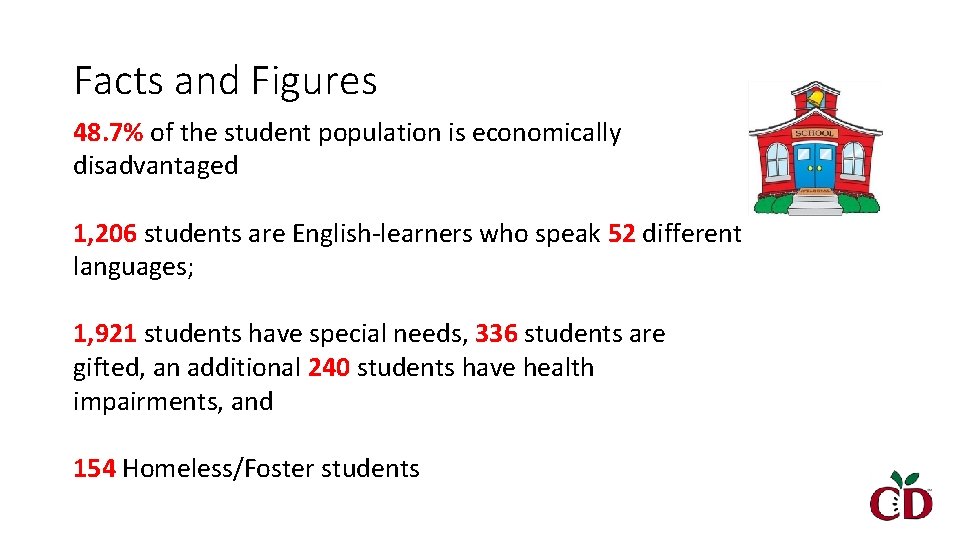 Facts and Figures 48. 7% of the student population is economically disadvantaged 1, 206