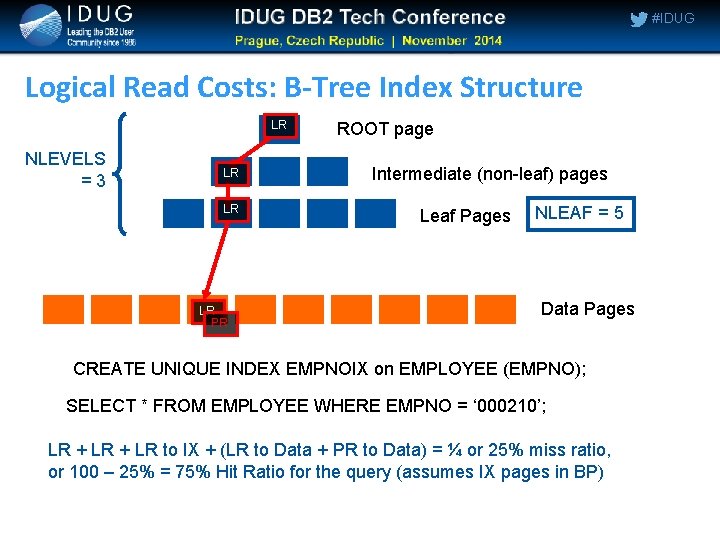 #IDUG Logical Read Costs: B-Tree Index Structure LR NLEVELS =3 LR LR LR PR #IDUG Logical Read Costs: B-Tree Index Structure LR NLEVELS =3 LR LR LR PR