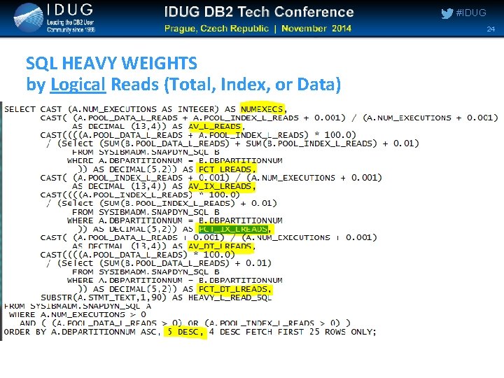 #IDUG 24 SQL HEAVY WEIGHTS by Logical Reads (Total, Index, or Data) #IDUG 24 SQL HEAVY WEIGHTS by Logical Reads (Total, Index, or Data)