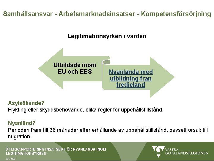 Samhällsansvar - Arbetsmarknadsinsatser - Kompetensförsörjning Legitimationsyrken i vården Utbildade inom EU och EES Nyanlända