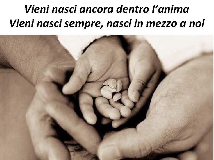 Vieni nasci ancora dentro l’anima Vieni nasci sempre, nasci in mezzo a noi 
