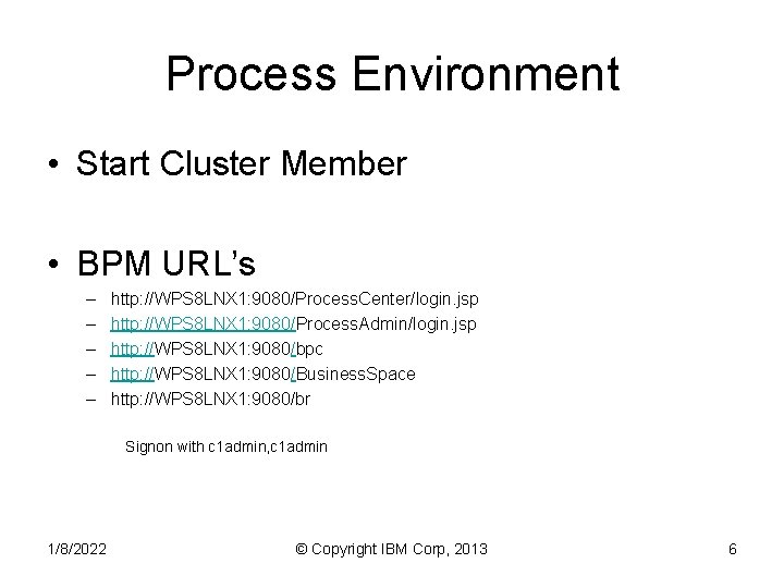 Process Environment • Start Cluster Member • BPM URL’s – – – http: //WPS