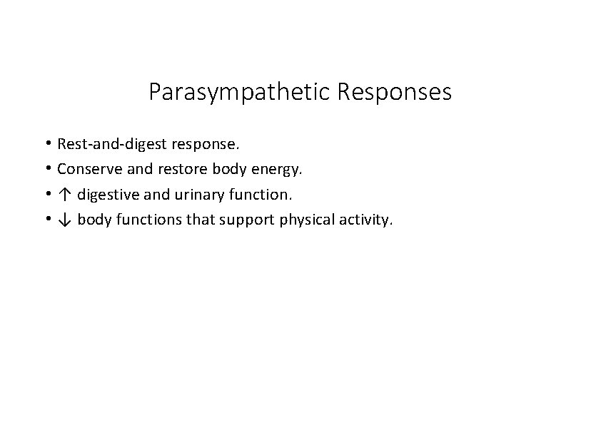 Parasympathetic Responses • Rest‐and‐digest response. • Conserve and restore body energy. • ↑ digestive