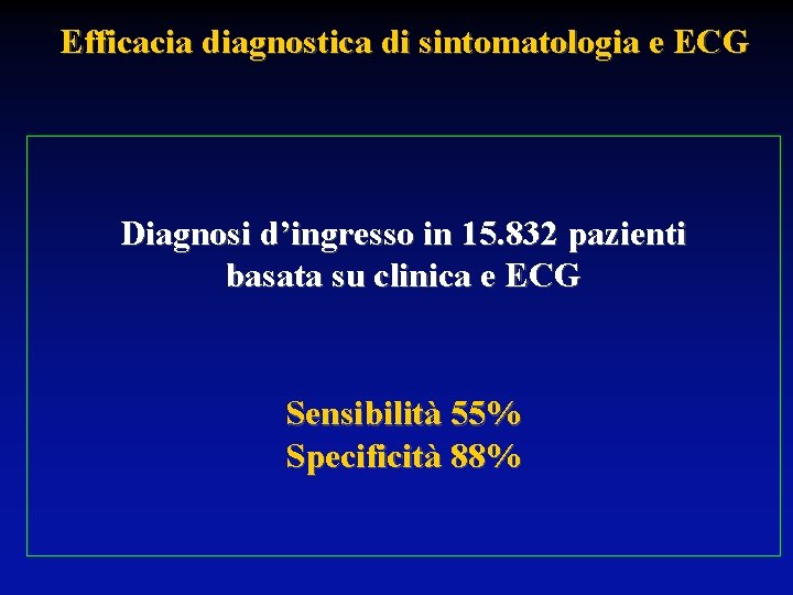 Efficacia diagnostica di sintomatologia e ECG Diagnosi d’ingresso in 15. 832 pazienti basata su