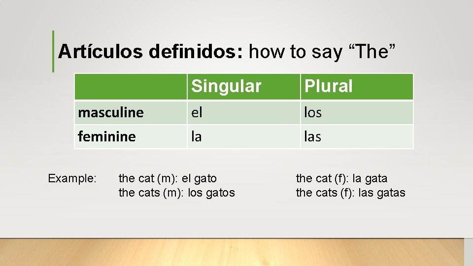 Artículos definidos: how to say “The” Singular Plural masculine el los feminine la las