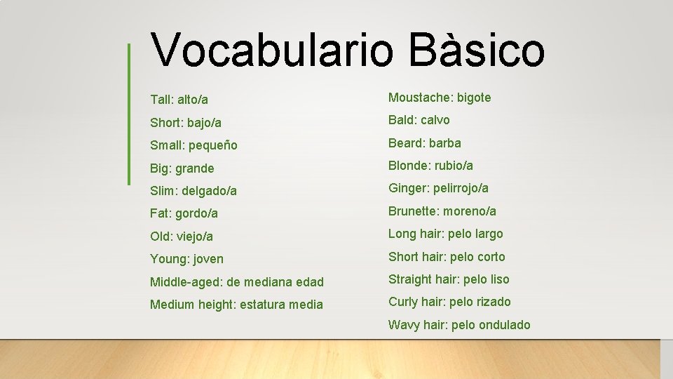 Vocabulario Bàsico Tall: alto/a Moustache: bigote Short: bajo/a Bald: calvo Small: pequeño Beard: barba