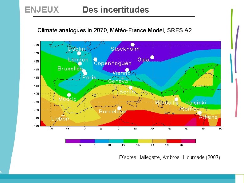 5 ENJEUX Des incertitudes Climate analogues in 2070, Météo-France Model, SRES A 2 D’après