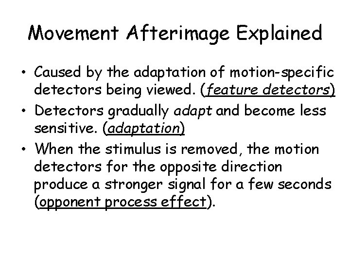 Movement Afterimage Explained • Caused by the adaptation of motion-specific detectors being viewed. (feature