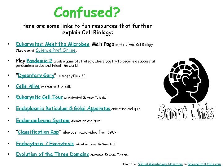 Confused? Here are some links to fun resources that further explain Cell Biology: •