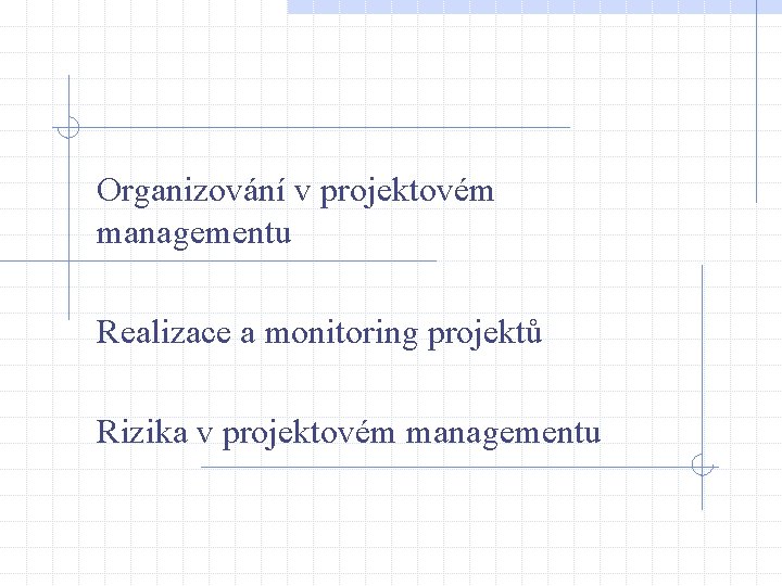 Organizování v projektovém managementu Realizace a monitoring projektů Rizika v projektovém managementu 