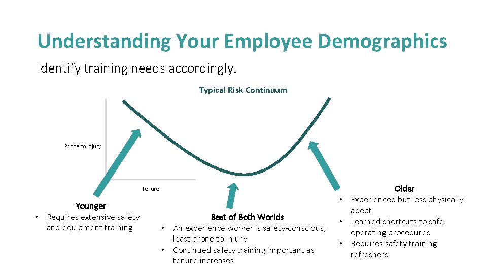 Understanding Your Employee Demographics Identify training needs accordingly. Typical Risk Continuum Prone to Injury
