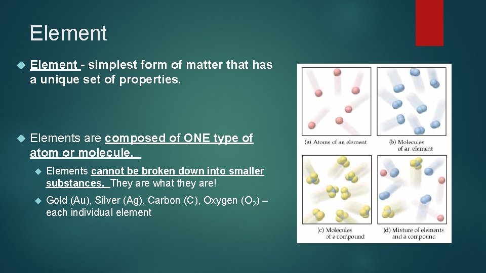 Element - simplest form of matter that has a unique set of properties. Elements
