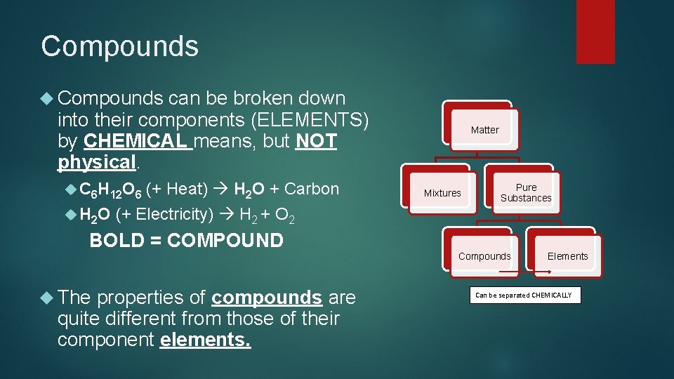Compounds can be broken down into their components (ELEMENTS) by CHEMICAL means, but NOT
