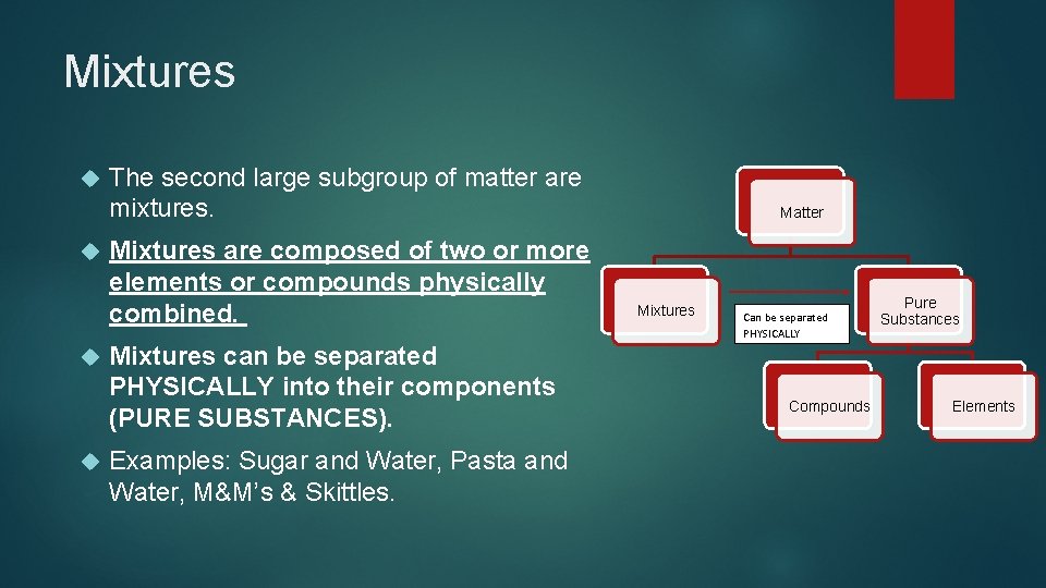 Mixtures The second large subgroup of matter are mixtures. Mixtures are composed of two