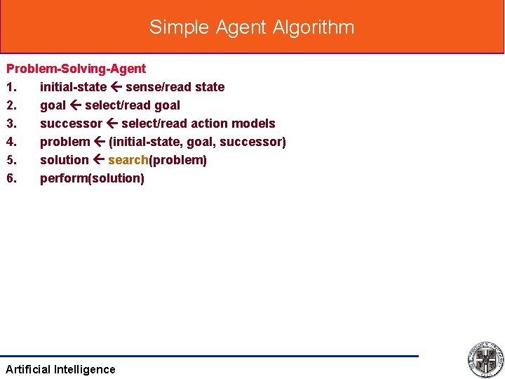 Simple Agent Algorithm Problem-Solving-Agent 1. initial-state sense/read state 2. goal select/read goal 3. successor