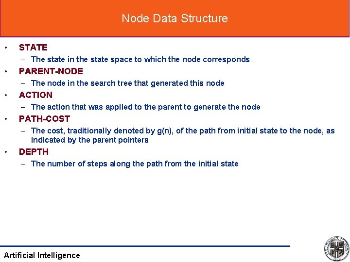 Node Data Structure • STATE – The state in the state space to which