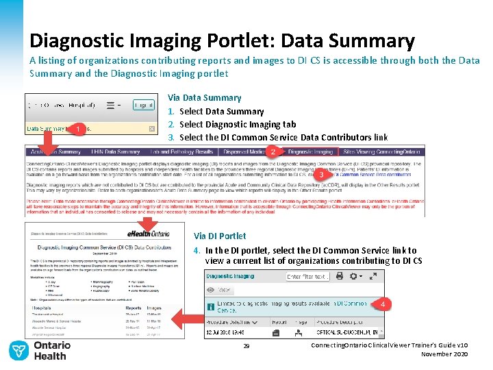 Diagnostic Imaging Portlet: Data Summary A listing of organizations contributing reports and images to