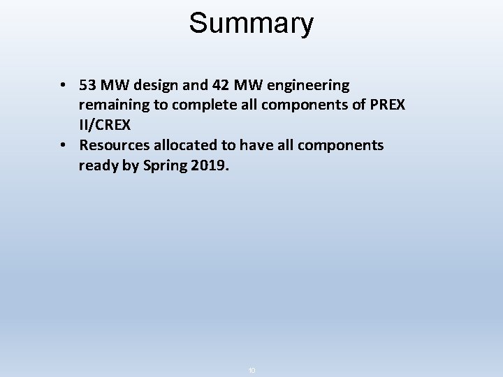 Summary • 53 MW design and 42 MW engineering remaining to complete all components