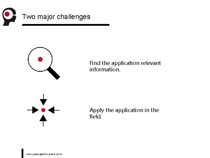Two major challenges Find the application relevant information. Apply the application in the field.