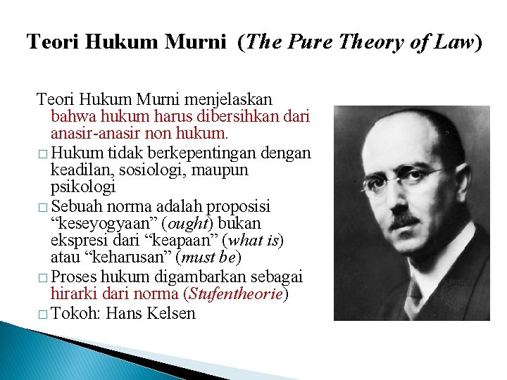 Teori Hukum Murni (The Pure Theory of Law) Teori Hukum Murni menjelaskan bahwa hukum