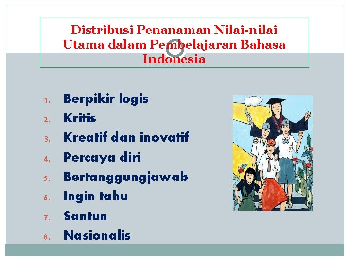 Distribusi Penanaman Nilai-nilai Utama dalam Pembelajaran Bahasa Indonesia 1. 2. 3. 4. 5. 6.