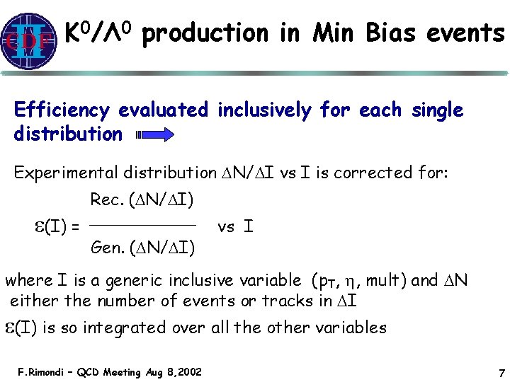 K 0/Λ 0 production in Min Bias events Efficiency evaluated inclusively for each single