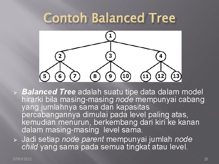 Contoh Balanced Tree Ø Ø Balanced Tree adalah suatu tipe data dalam model hirarki