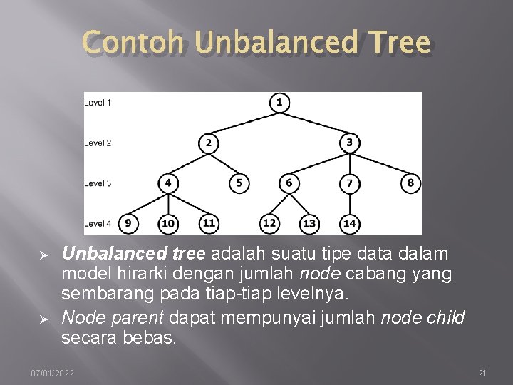 Contoh Unbalanced Tree Ø Ø Unbalanced tree adalah suatu tipe data dalam model hirarki
