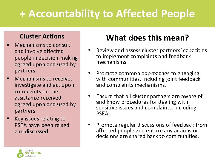 + Accountability to Affected People Cluster Actions § Mechanisms to consult and involve affected