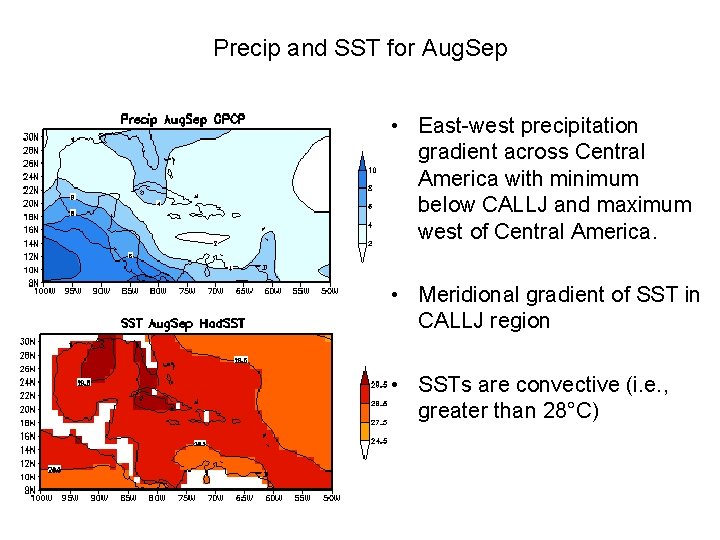 Precip and SST for Aug. Sep • East-west precipitation gradient across Central America with