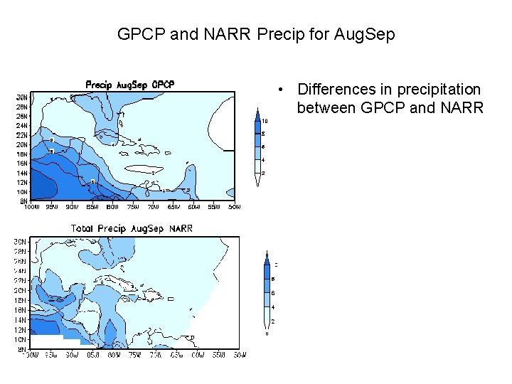 GPCP and NARR Precip for Aug. Sep • Differences in precipitation between GPCP and