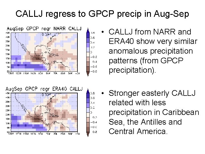 CALLJ regress to GPCP precip in Aug-Sep • CALLJ from NARR and ERA 40