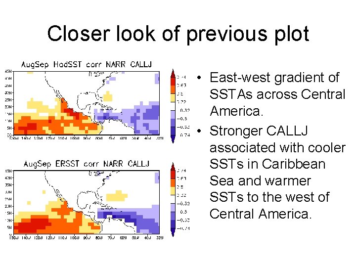 Closer look of previous plot • East-west gradient of SSTAs across Central America. •