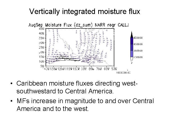 Vertically integrated moisture flux • Caribbean moisture fluxes directing westsouthwestard to Central America. •