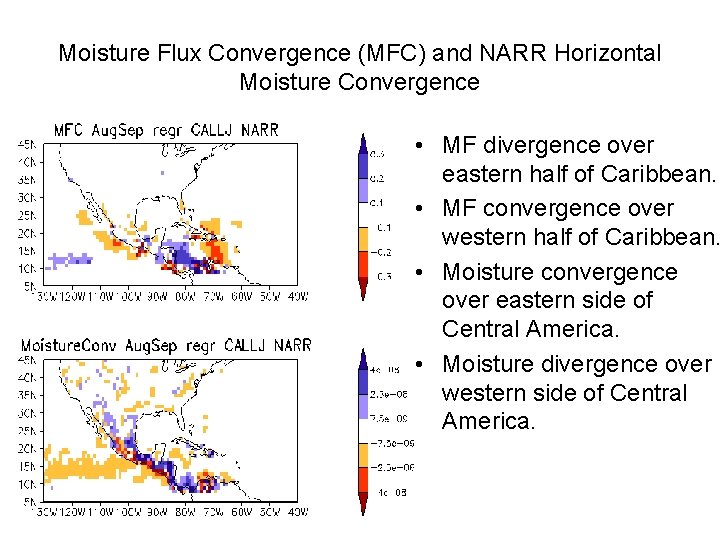 Moisture Flux Convergence (MFC) and NARR Horizontal Moisture Convergence • MF divergence over eastern