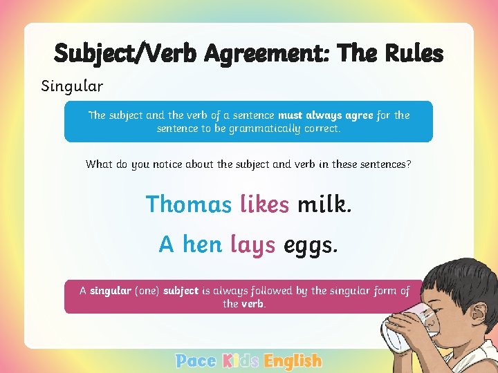 Subject/Verb Agreement: The Rules Singular The subject and the verb of a sentence must