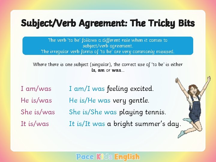 Subject/Verb Agreement: The Tricky Bits The verb ‘to be’ follows a different rule when