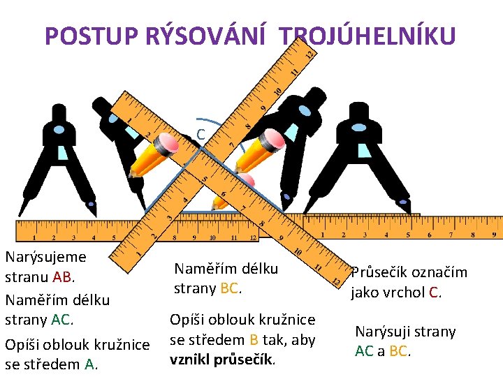 POSTUP RÝSOVÁNÍ TROJÚHELNÍKU C A Narýsujeme stranu AB. Naměřím délku strany AC. Opíši oblouk