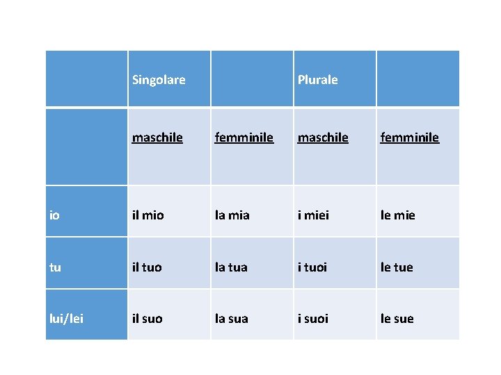 Singolare Plurale maschile femminile io il mio la mia i miei le mie tu