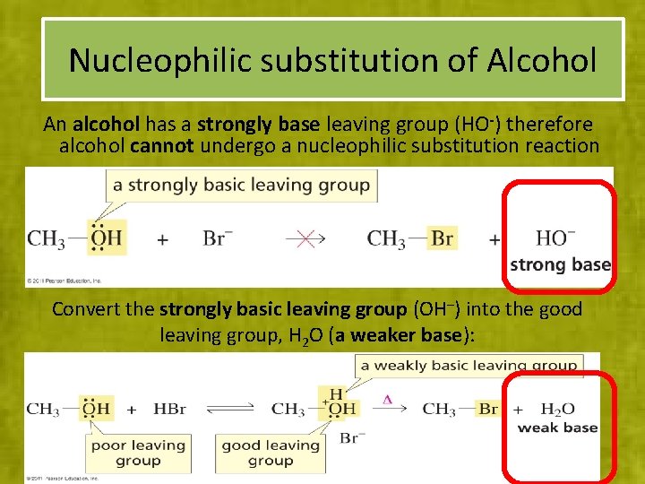 Nucleophilic substitution of Alcohol An alcohol has a strongly base leaving group (HO-) therefore