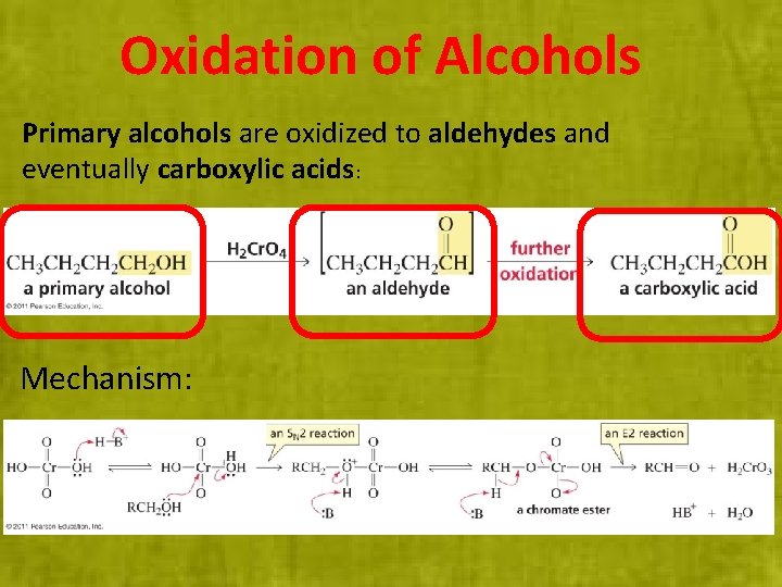 Oxidation of Alcohols Primary alcohols are oxidized to aldehydes and eventually carboxylic acids: Mechanism: