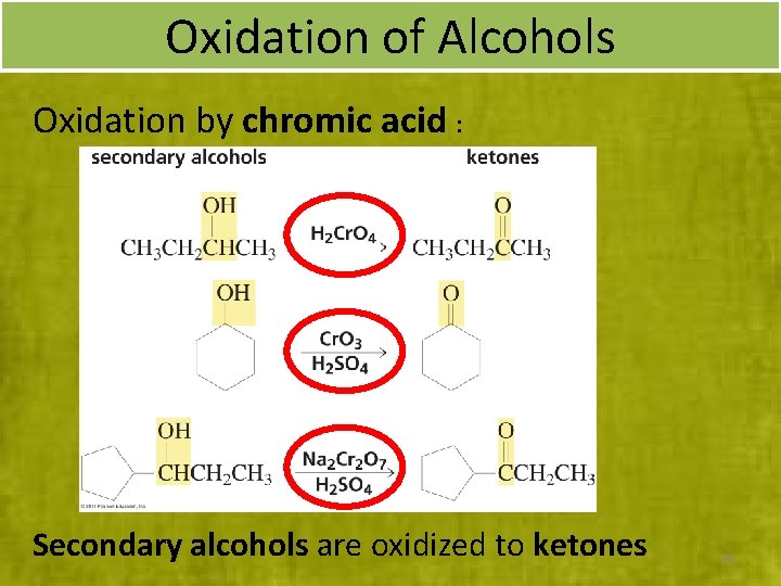 Oxidation of Alcohols Oxidation by chromic acid : Secondary alcohols are oxidized to ketones