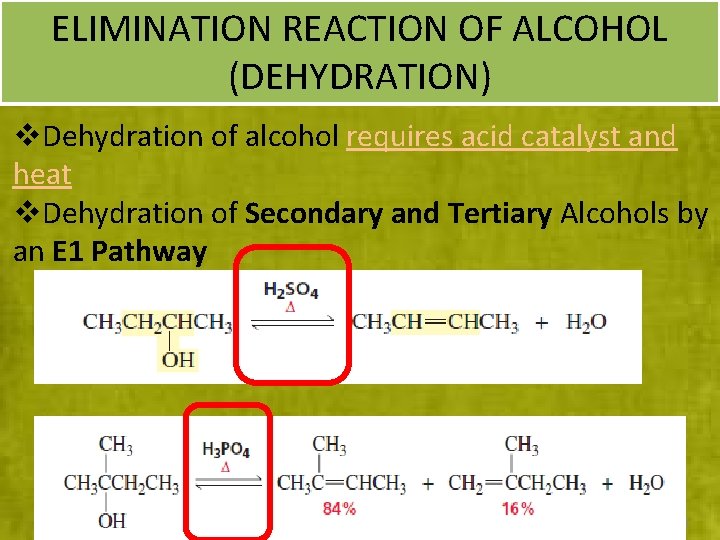 ELIMINATION REACTION OF ALCOHOL (DEHYDRATION) v. Dehydration of alcohol requires acid catalyst and heat