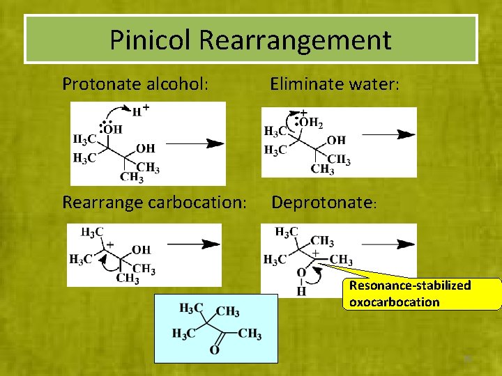 Pinicol Rearrangement Protonate alcohol: Eliminate water: Rearrange carbocation: Deprotonate: Resonance-stabilized oxocarbocation 35 