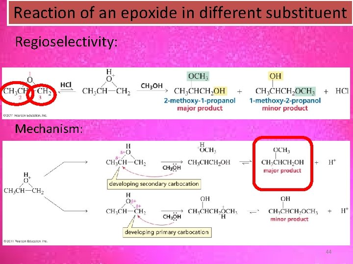 Reaction of an epoxide in different substituent Regioselectivity: Mechanism: 44 