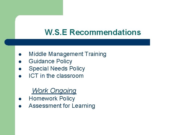 W. S. E Recommendations l l Middle Management Training Guidance Policy Special Needs Policy