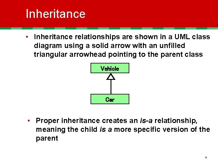 Inheritance • Inheritance relationships are shown in a UML class diagram using a solid